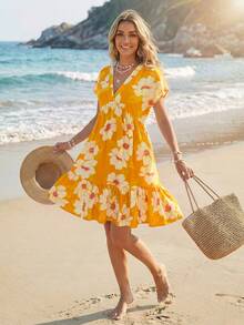 Sylviya Women's Floral Print V-Neck Casual Elegant Tropical Vacation Date Beach Vacation Outing Short Dress,Summer Dresses For Women Golden Yellow - Orange - View 3