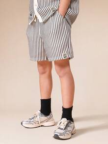 SUMWON Boys Crochet Stripe Button-Up Shirt And Matching Shorts Casual Summer Co-Ord Set With Collar And Short Sleeves - Black - View 4