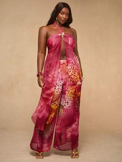 SHEIN BAE 大码女式全印花露背吊带上衣和长裤性感两件套，超长上衣，全印花长裤