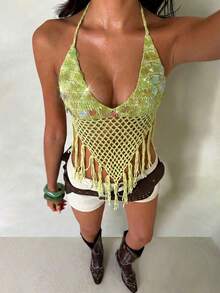 SHEIN Glamour 跨境春夏新品：纯色手工钩编针织上衣，流苏下摆装饰，亮片点缀，颈带设计，波西米亚风，优雅度假主题派对女装 - 綠色 - 查看 6