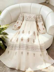 Balvessa Women's Geometric Pattern Off-Shoulder Lantern Sleeve Dress, Suitable For Vacation - Multicolor - View 8