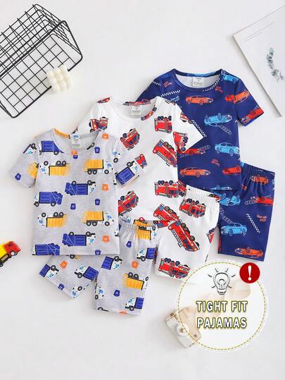 SHEIN GraphicGems Spring & Summer Squishy Soft & Comfortable Young BoyCute Cartoon Car Print Short Sleeve Shorts Knit Snug Fit Pajama Set
