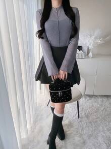 FRIFUL 女款休閒修身透視網紗層次高領長袖上衣，抽褶袖口，秋季百搭 - 霧霾藍 - 查看 3