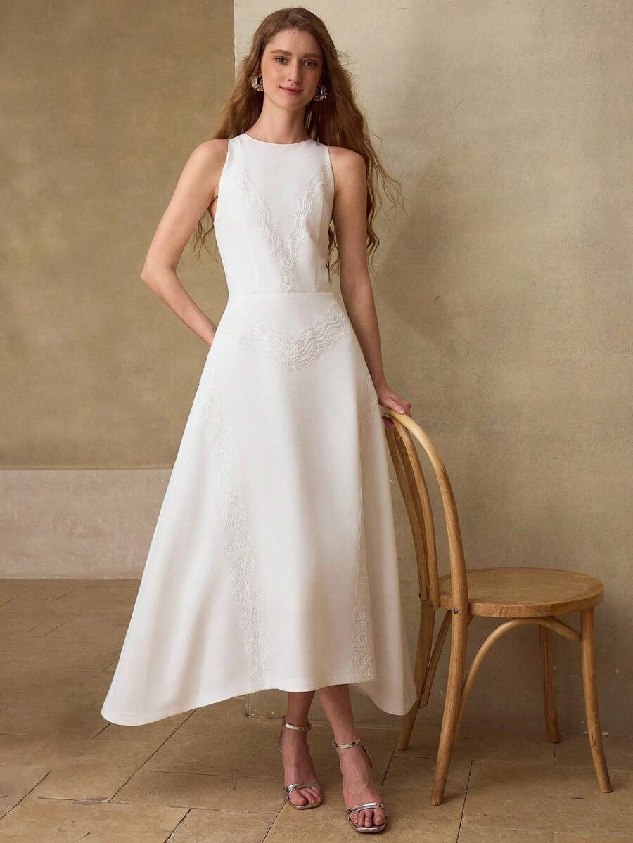 MOTF PREMIUM CONTRAST LACE WHITE MID-LENGTH DRESS FOR WOMEN - White - View 1