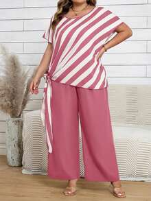 SHEIN CURVE+ Bộ đồ thể thao cỡ lớn, phong cách thường ngày, áo sơ mi kẻ sọc phối màu và quần dài màu trơn/2026/Năm mới - Hồng - Xem 4