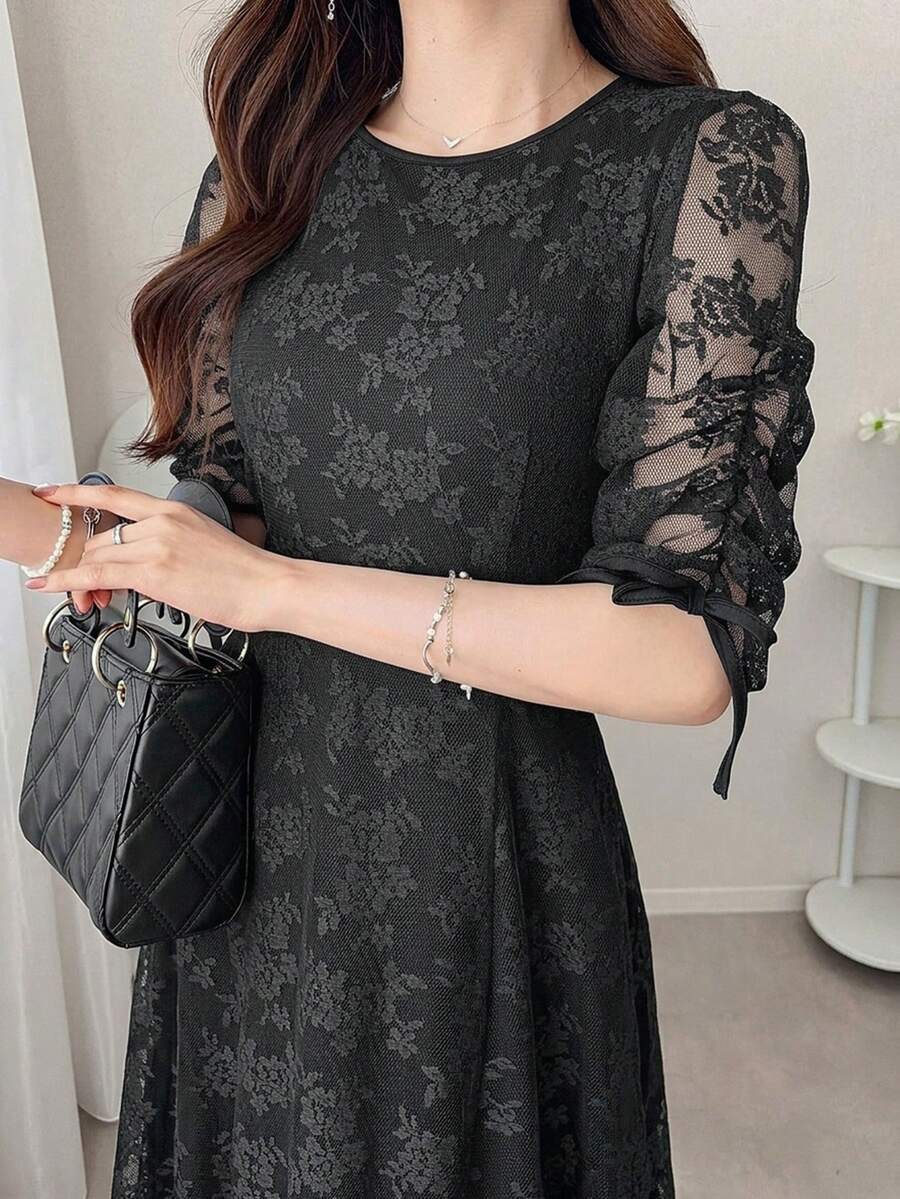 Đầm chữ A thanh lịch cổ tròn ren toàn thân dành cho nữ, thích hợp mặc đi làm, mùa hè. - màu đen - Xem 1