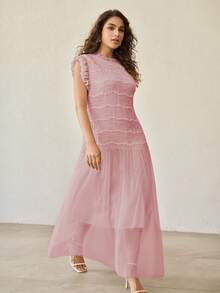 MOTF PREMIUM PLUS SIZE WOMEN SUMMER RUFFLE CAP SLEEVE MIDI DRESS - Pink - View 5