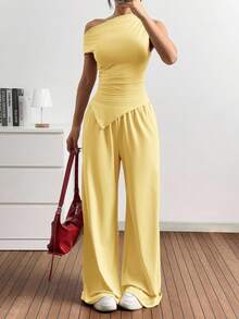 SHEIN EZwear 女士新款纯色针织上衣和裤子两件套 - 鵝黃色 - 查看 4
