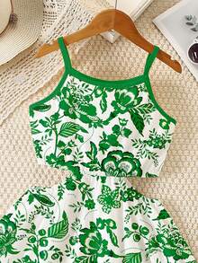 Bộ áo croptop không tay và chân váy in họa tiết hoa cổ điển mùa xuân hè, trang phục thường ngày thoải mái và sành điệu cho bé gái, phù hợp cho kỳ nghỉ hè và mặc hàng ngày. - Nhiều màu - Xem 6
