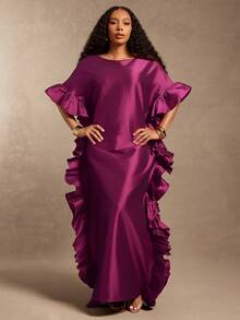 Vixey Boat Neck Ruffle Detail Maxi Flowy Taffeta Dress - Red Violet - View 2