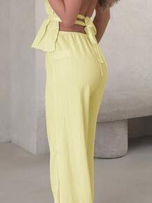 Jemour Bộ đồ 2 món kiểu Pháp, gồm áo hai dây buộc cổ màu trơn dáng rộng và quần ống rộng thoải mái, thời trang thường ngày dành cho nữ. - Màu vàng - Xem 3