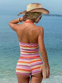 INAWLY 度假沙滩条纹露背吊带上衣和短裤两件套 - 彩色 - 查看 2