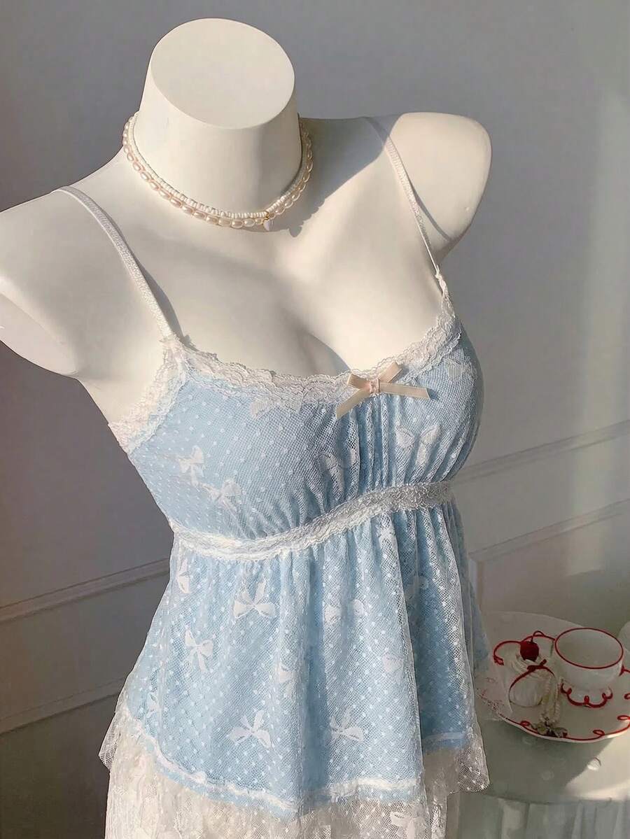 Comfortcana 女士撞色蕾丝蝴蝶结网眼吊带背心 - 藍色 - 查看 1