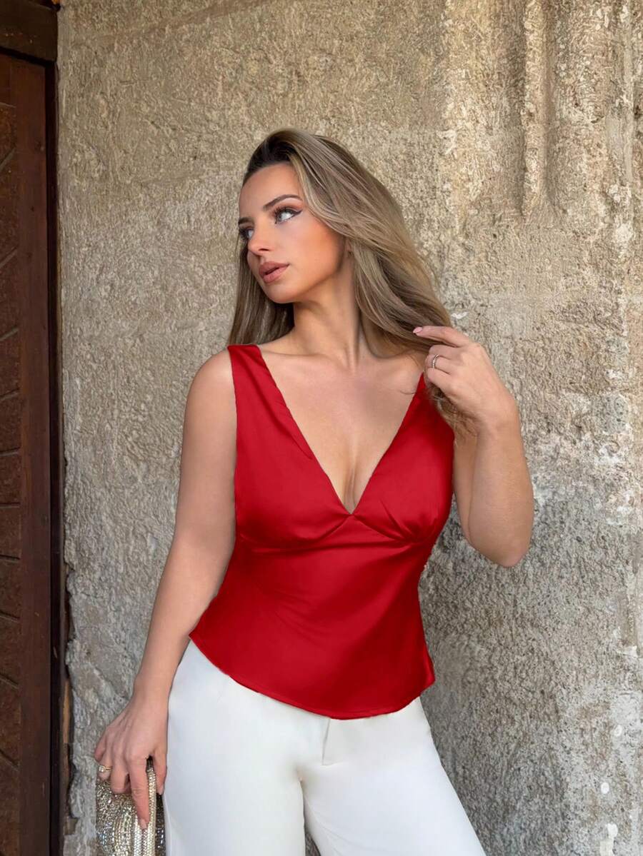 Jeta Ari Yellow Satin & Lace Patchwork Tank Top, Suitable For Vacation, Beach, Music Festival, Brunch, Wedding Guest, Bridesmaid, Spring/Summer,Christmas,Red Top - Red - View 1