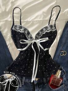 SHEIN Polka Dot Lace Patchwork Bow Tie Camisole - Black - View 2
