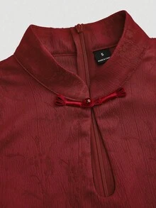 Franclia Vestido elegante de satén jacquard rojo con botones delanteros para celebración de Año Nuevo - Burdeos - Ver 3