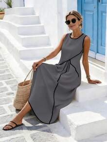 SHEIN Holidaya 女士优雅度假休闲圆领无袖黑色拼接宽松夏季纯色杏色连衣裙 - 灰色 - 查看 4