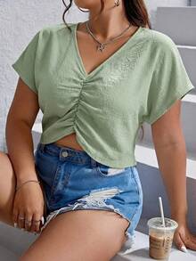 SHEIN EZwear Olive Green V-Neck Short Sleeve Blouse For Plus Size Women - Olive Green - View 5