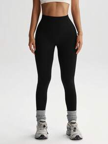 Dewbera 1 chiếc quần legging nữ màu đen in họa tiết, ôm sát, không đường may, chất liệu dệt kim, thoải mái cho yoga, thể thao, mùa thu/đông. - màu đen - Xem 3