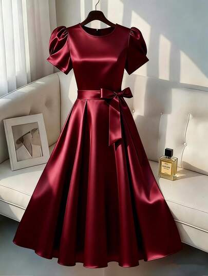 GlowEve CURVE Plus Size Solid Color Bow Decor Round Neck Elegant Short Sleeve Dress