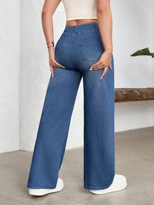 SHEIN FlexDen 女士街头休闲弹力腰带阔腿牛仔裤，运动风 - 中等水洗藍 - 查看 2