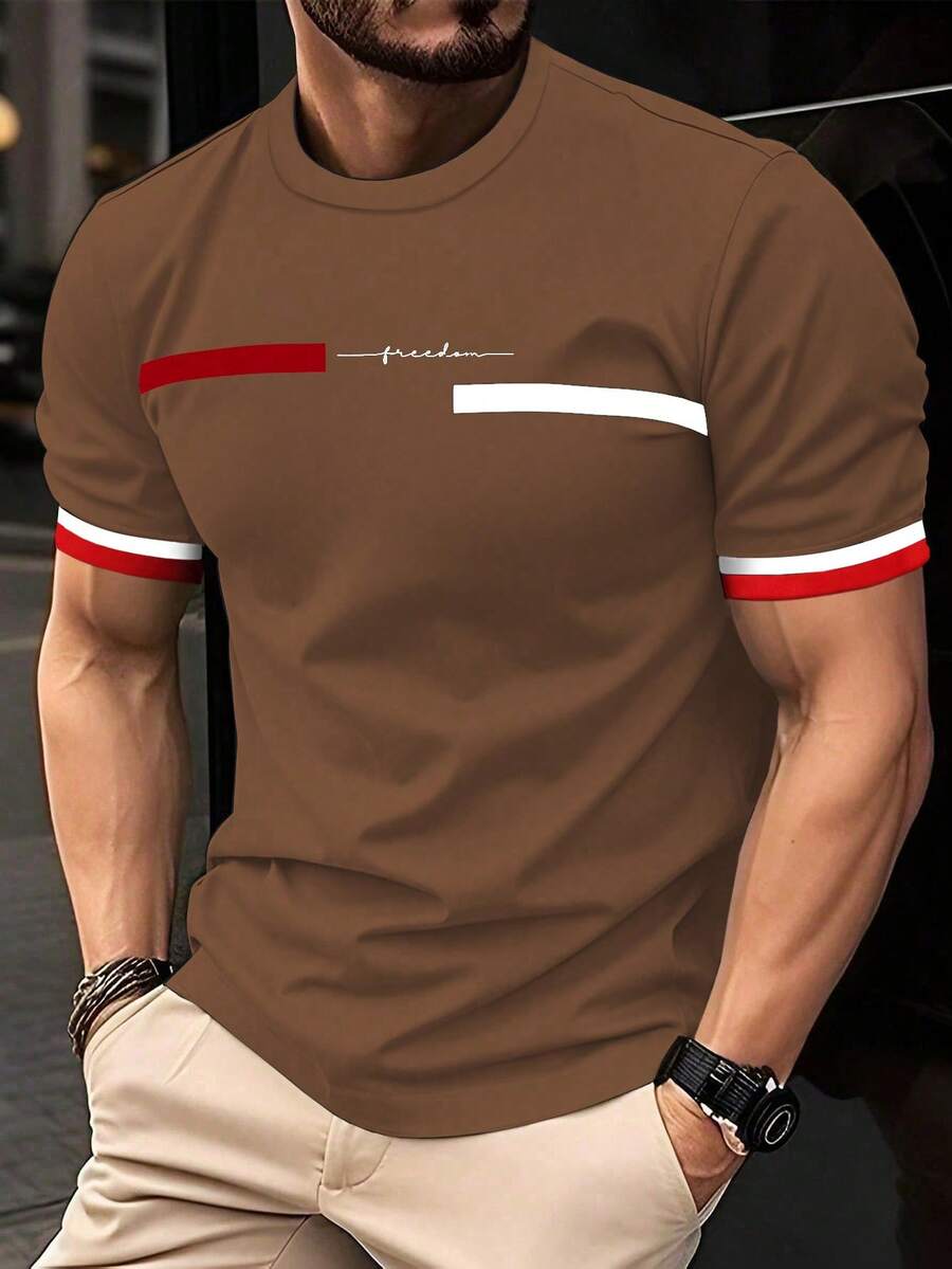 Manfinity Homme Áo thun nam tay ngắn cổ tròn in họa tiết tối giản - màu nâu - Xem 1