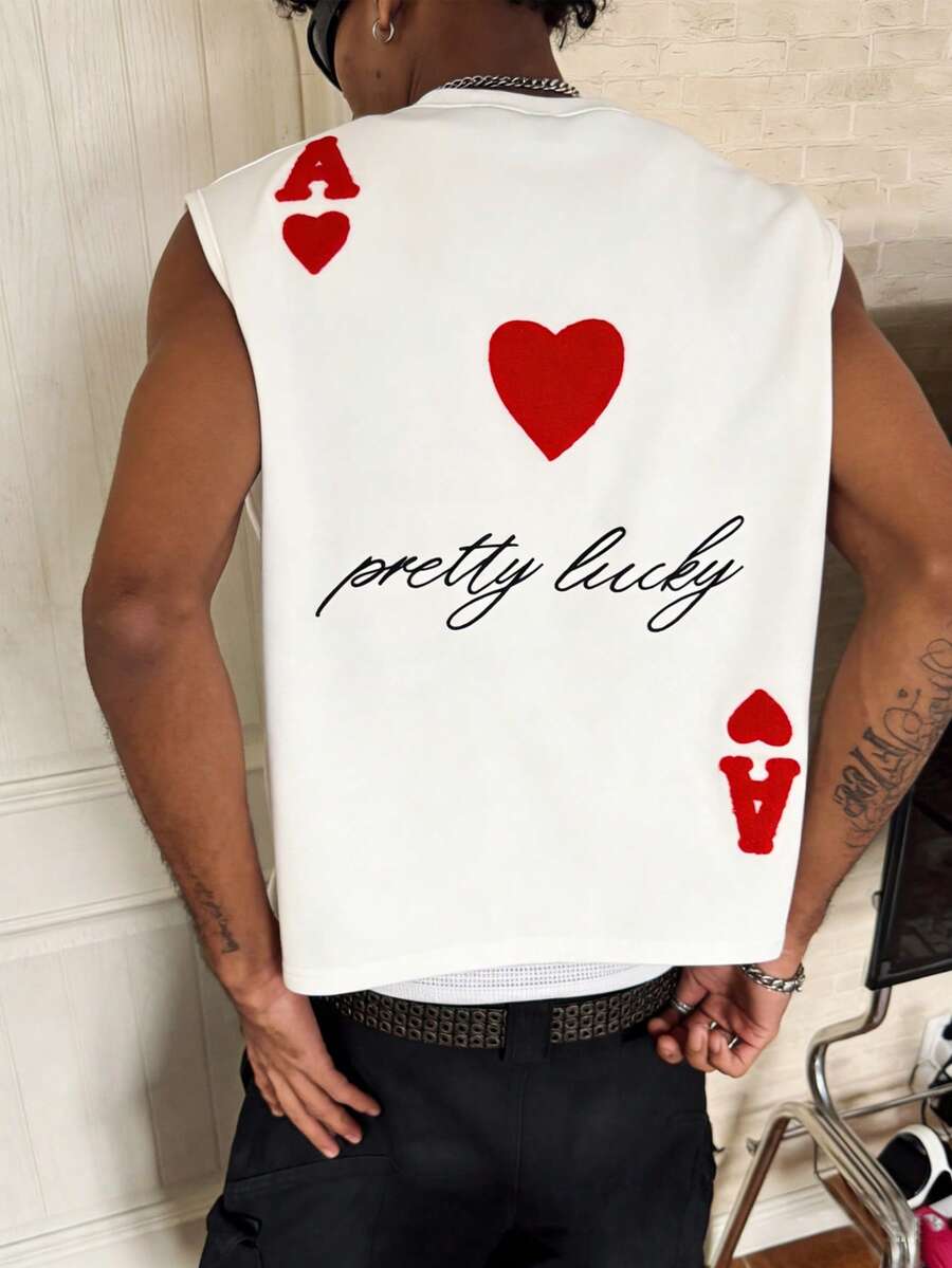 PAVTROS Áo tank top nam cổ tròn in hình chữ cái và quân bài, kiểu dáng thường ngày. - trắng - Xem 1