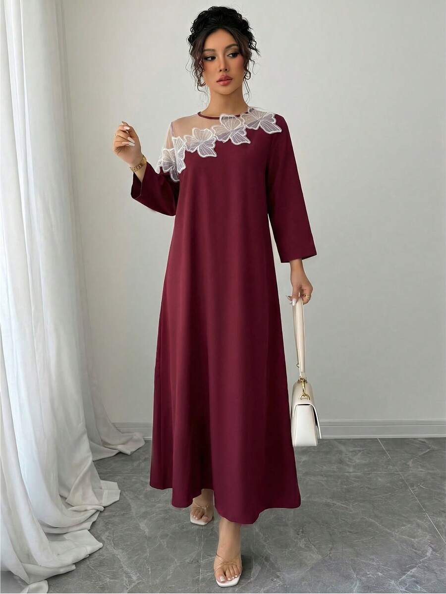 Rafferiza 3D Floral Mesh Sleeve Long Dress For Women - Burgundy - View 1