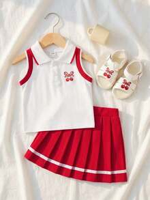 SHEIN 女婴蝴蝶结樱桃印花Polo衫搭配百褶迷你裙套装，时尚日常穿着 - 紅色 - 查看 3