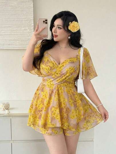 Vibekara 大码女士性感V领收腰凸显曲线双层下摆连体裤