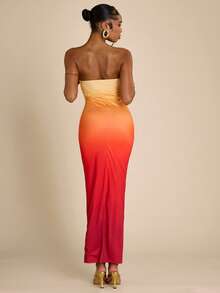 SHEIN BAE 渐变印花无肩带修身长款连衣裙，性感音乐节及约会之夜连衣裙，度假连衣裙 - 橘色 - 查看 2