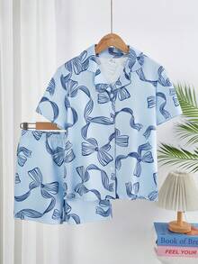 Bộ đồ ngủ 2 mảnh cho bé gái, gồm áo khoác ngắn tay và quần short in hình bướm màu xanh dương, thời trang và thanh lịch. - Màu xanh lam - Xem 3