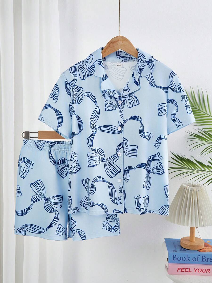 Tween Girls' Blue Bow Print Cardigan Short Sleeve Top And Shorts 2 Pieces Pajama Set, Fashionable And Elegant - Blue - View 1