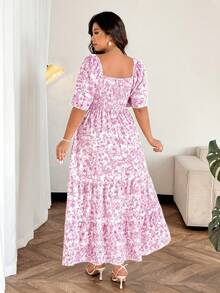 Easura Plus Size Women's Elegant Floral Print Square Neck Short Sleeve A-Line Maxi Dress, Spring/Summer - Pink - View 2
