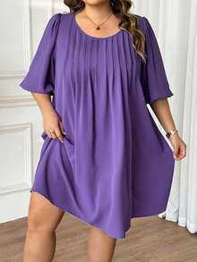 SHEIN CURVE+ 大码女式宽松纯色连衣裙，2026春夏紫色流行色连衣裙 - 紫色 - 查看 4