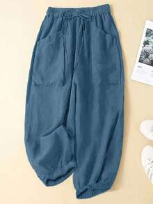 SHEIN LUNE CURVE 大码纯色休闲裤 宽松裤 女式休闲裤 灯笼裤 泡泡裤 哈伦裤 带口袋女式休闲裤 - 霧霾藍 - 查看 4