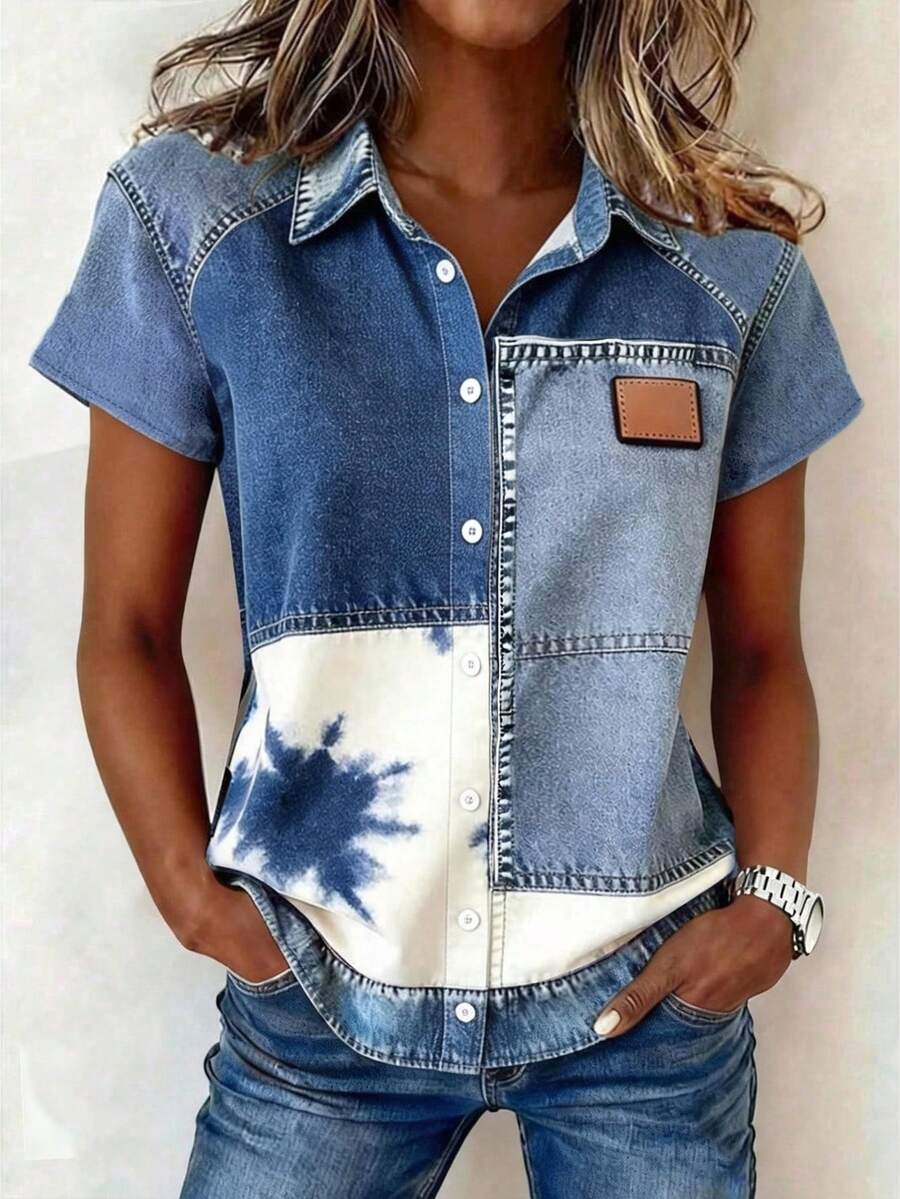 EMERY ROSE Women's Shirt With Denim Effect Print And Button Design - Multicolor - View 1