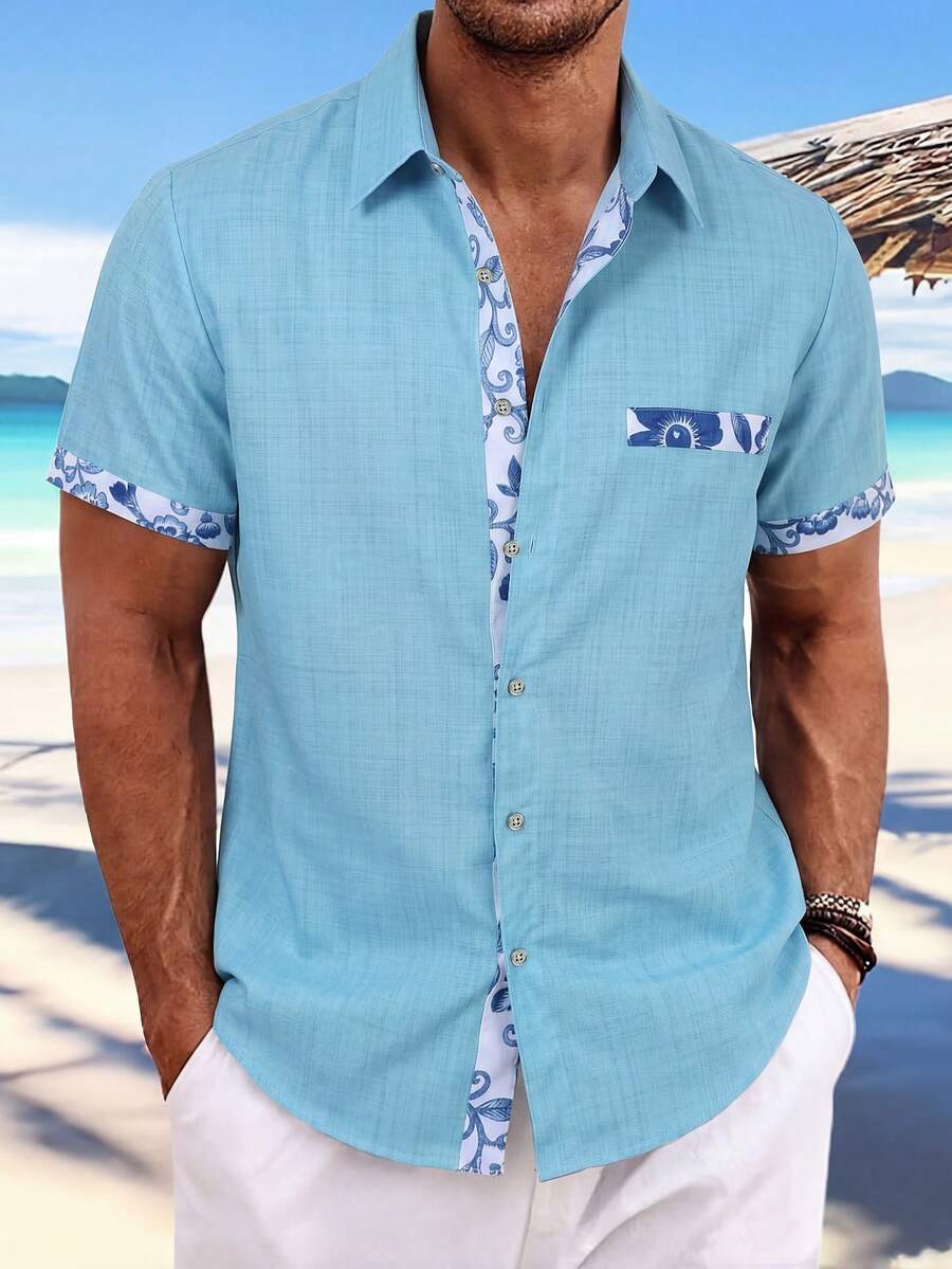 Manfinity RSRT 男士夏季休闲短袖衬衫 - 藍色 - 查看 1