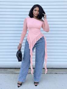 Alexandranx Romantic Spring Asymmetric Jellyfish Ribbon Ruffled Hem Asymmetrical Sloping Shoulder Short Sleeve Solid Color Tight Elastic See-Through Mesh Women's T-Shirt Pink Long Sleeve Top - Pink - View 6