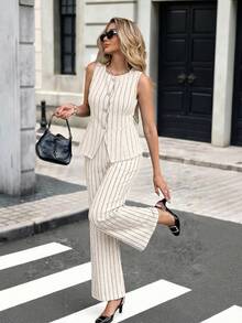Serisse Women's Black And White Striped Summer Elegant Two-Piece Suit,French-Style Button-Front Fitted Vest&High-Waisted Wide-Leg Pants Set,Work Brunch Coords - Apricot - View 3