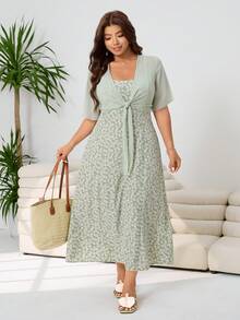 Solflare Conjunto de 2 piezas de talla grande para mujer con camiseta de tirantes con estampado floral y chaqueta de malla anudada, elegante para primavera/verano - Multicolor - Ver 3