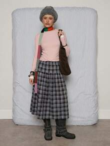 COUREZ Chân váy midi kẻ caro cạp thấp / Trang phục mùa xuân Y2K cho nữ, váy phong cách Cottagecore dễ thương, bộ 2 món, trang phục ngày Valentine, hẹn hò, đi chơi. - màu đen - Xem 5