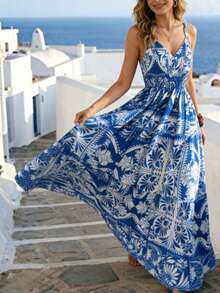 INAWLY 1 件装女士新款吊带露背蓝白碎花V领长连衣裙，收腰设计，多层裙摆饰以复古几何图案，飘逸下摆，优雅休闲，适合度假、通勤、外出等场合。 - 藍色 - 查看 1