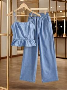 GlowEve 女士荷叶边吊带背心和牛仔裤套装 - 藍色 - 查看 3