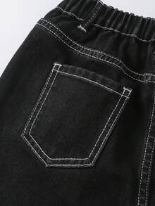 SHEIN 女童柔软水洗百搭宽松舒适简约撞色线条设计弹力腰直筒黑色水洗牛仔裤，夏季 - 黑色 - 查看 5