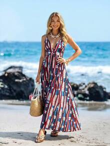 Sylviya Women's Summer Red White And Blue Geometric Print Maxi Dress,Boho Casual V Neck Sundresses For Vacation,Holiday Beach Outfits,Cruise Hawaii Dresses - Multicolor - View 6