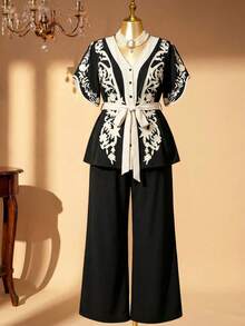 Rometta Bộ 2 món áo thun cổ chữ V thắt nơ eo đi nghỉ mát thường ngày và quần short, mùa hè - màu đen - Xem 12