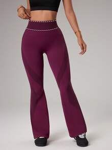Dewbera Pantalones de yoga sin costuras acampanados, mallas deportivas, ajustados y con pierna acampanada, pantalones deportivos de moda - Burdeos - Ver 4