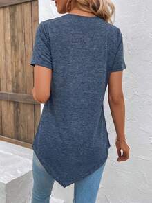EMERY ROSE Women's Solid Color Round Neck Casual Versatile Navy Blue Summer T-Shirt,Business Casual Short Sleeve Tops With Button For Daily Wear Occasion - Navy Blue - View 2