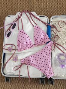 Swim Mod 女士夏季波点挂脖三角比基尼，荷叶边装饰，系带甜美风泳装套装，适合海岛度假、泳池派对和海滩漫步，复古少女风 - 彩色 - 查看 3